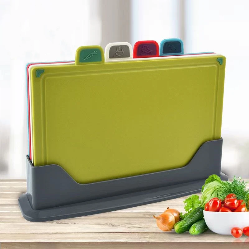 

Kitchen Cutting Board Tools with Holder 4Pcs/Set Plastic Cutting Block Mats with Food Icons/BPA-Free/Anti Bacterium/Non-slip