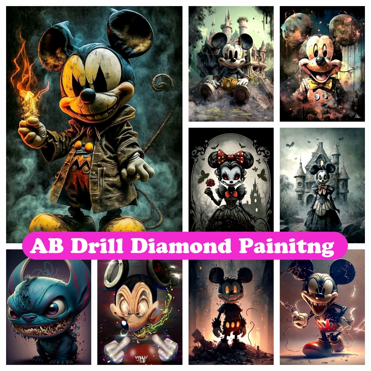 

Dark Mickey and Minnie Mouse 5D AB Diamond Painting Mosaic Gothic Disney Cartoon Cross Stitch Embroidery Rhinestones Home Decor