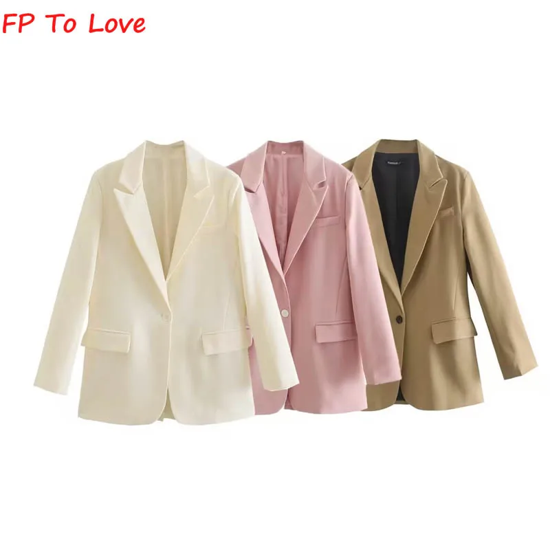 

PF To Love Women's Beige Casual Single Button Blazer Pink Long Sleeve Simple Office Outerwear Women's Chic Khaki Top