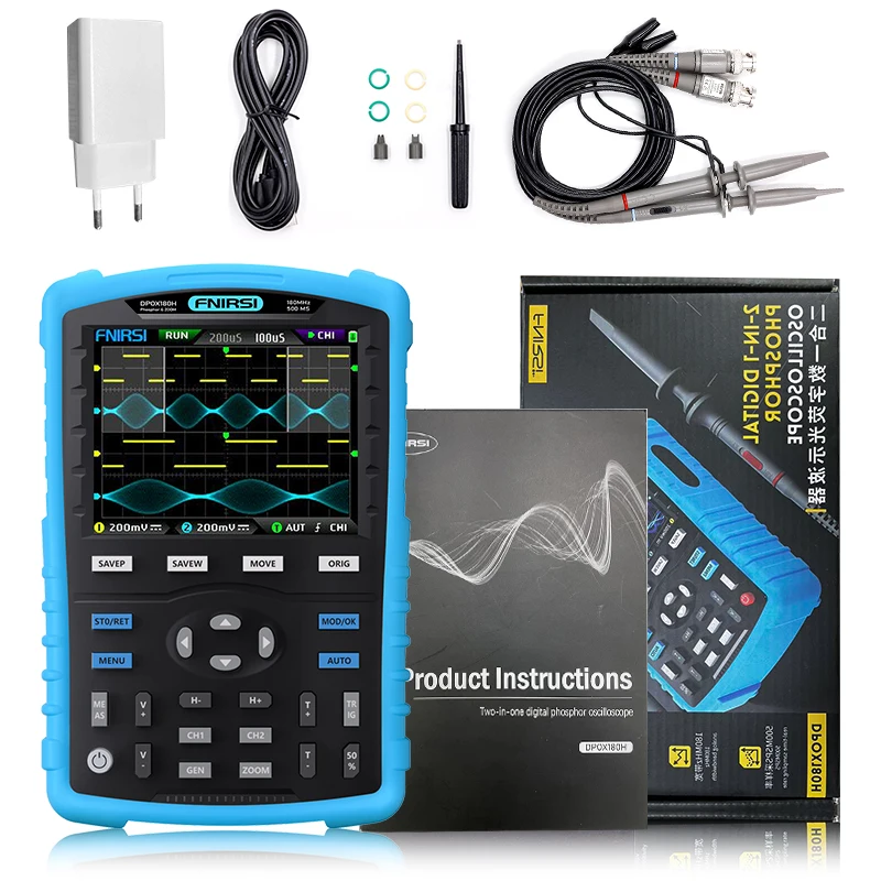 

FNIRSI DPOX180H Handheld Phosphor Digital Oscilloscope 180MHz -3DB 50000wfms/s Dual Channel 20Mhz Signal Generator ZOOM XY FFT