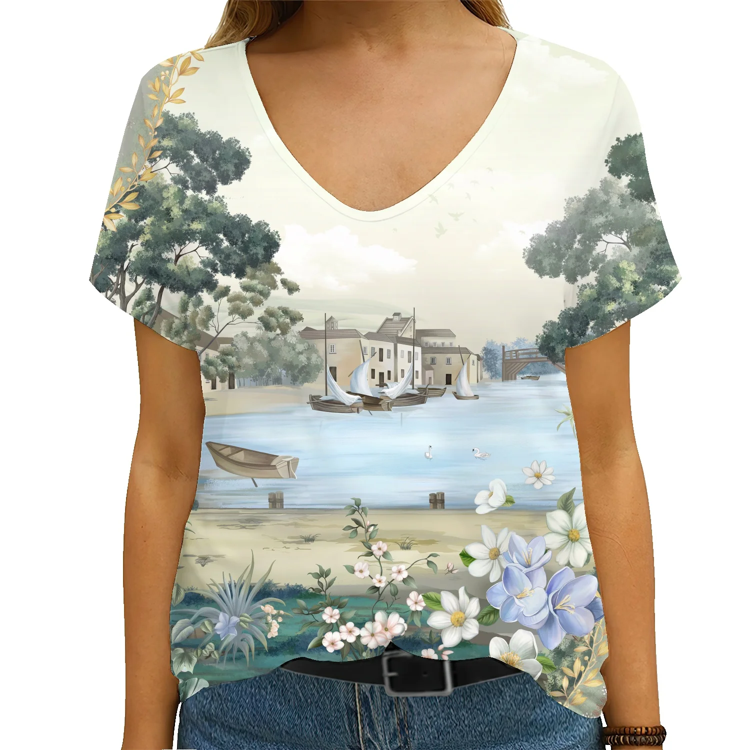 

Women Short Sleeve Artistic Watercolor Floral Print T Shirts Women Loose Short Sleeve V Neck Plus Size Fashion Tops Streetwear