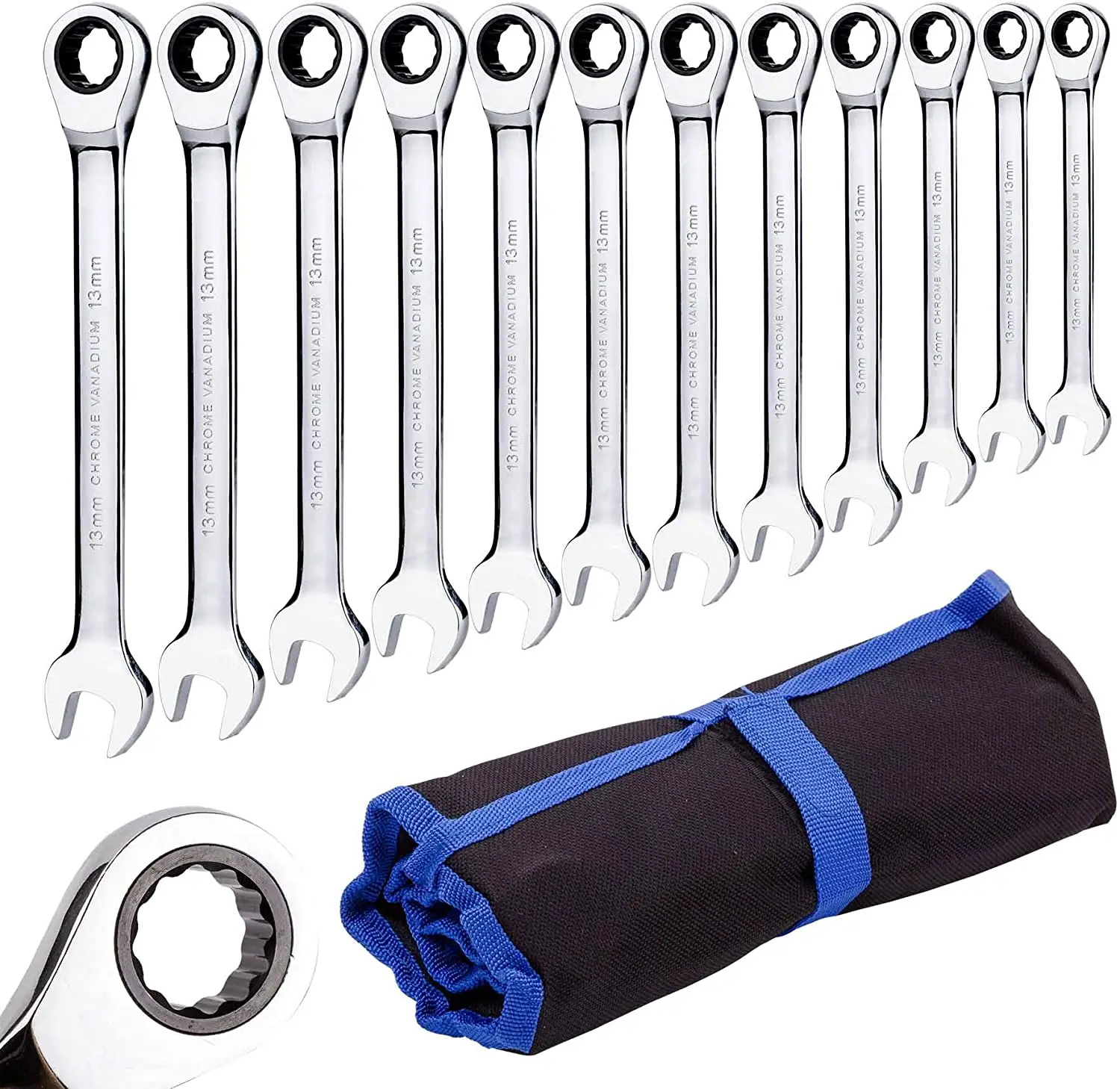 Ratchet Spanner Set Combination Wrench 12 Piece Metric Size from 8mm to 19mm with Roll Bag,Perfect for Home,Bike,and Car Repairs