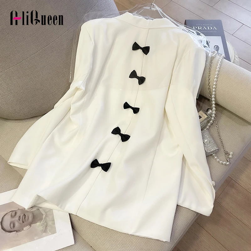 

Korean Women Blazers Chic Back Bows Loose Girls Blazer Office Lady White Causal Long Sleeve Notched Collar Coats Outwear Jacket