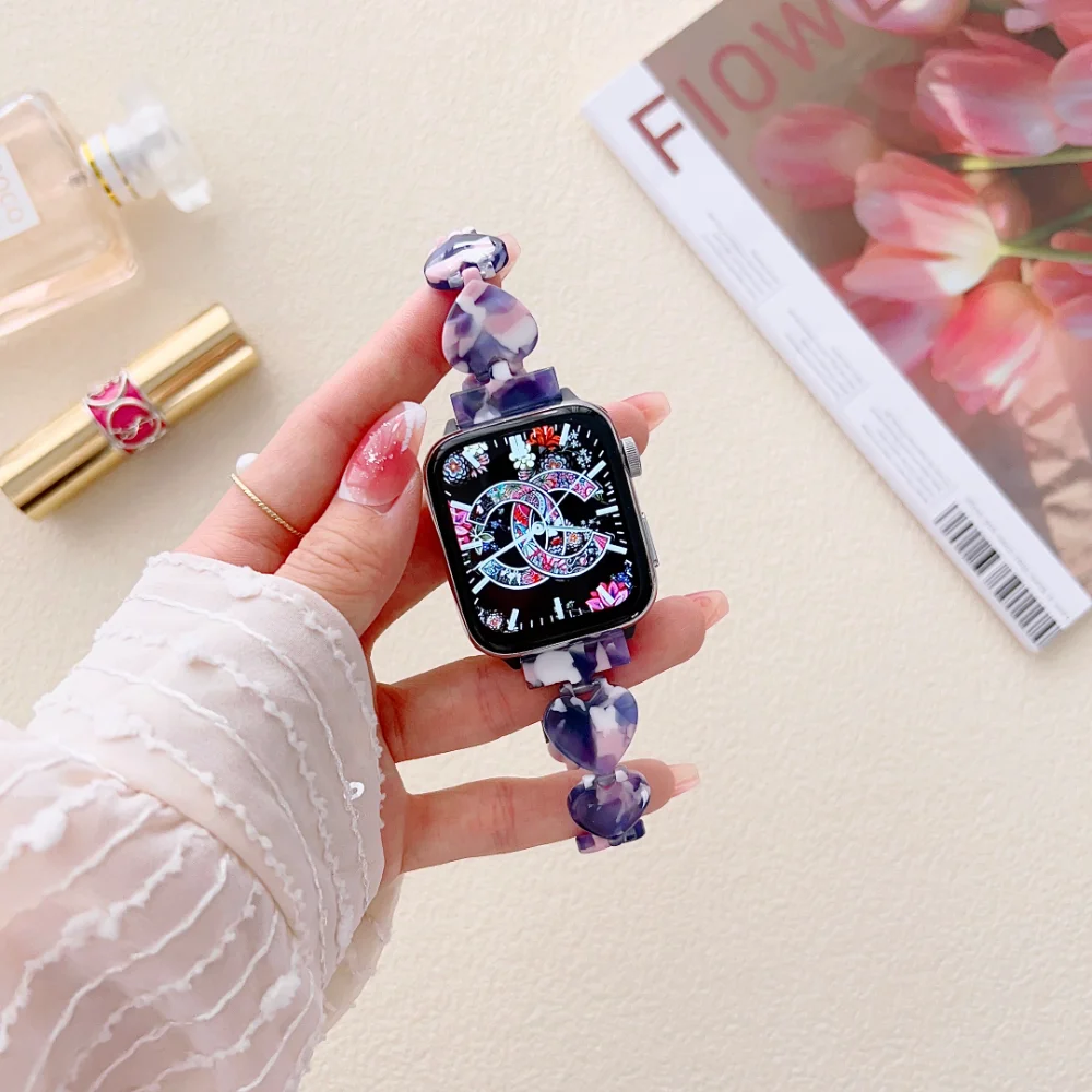 Heart Link Bracelet Series for Apple Watch Series Ultra 8 7 6 5 4 Se 3 Women Resin Strap for IWatch 49mm 41 45mm 42 44mm 38 40mm