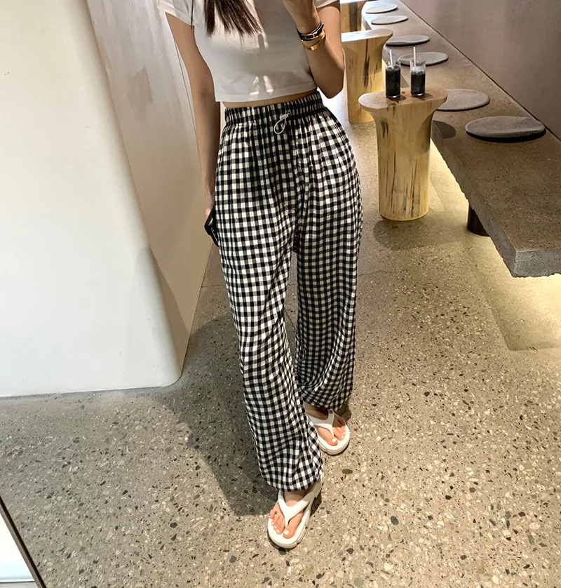 

Летние Новые классические клетчатые модные облегающие брюки Dongdaemun в южнокорейском стиле с эластичным поясом, Свободные повседневные женские брюки с лапами