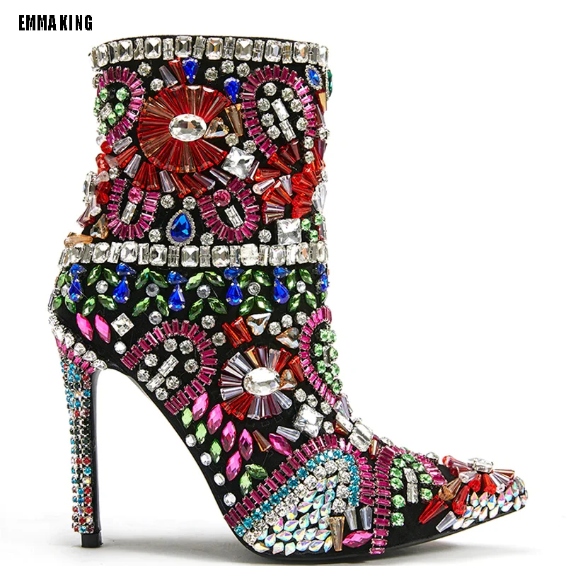 

Women Autumn Crystal Crystal Mid Calf Boots Women Pointed Toe Thin High Heel Botas Luxury Zippr Short Botas Mujer 44