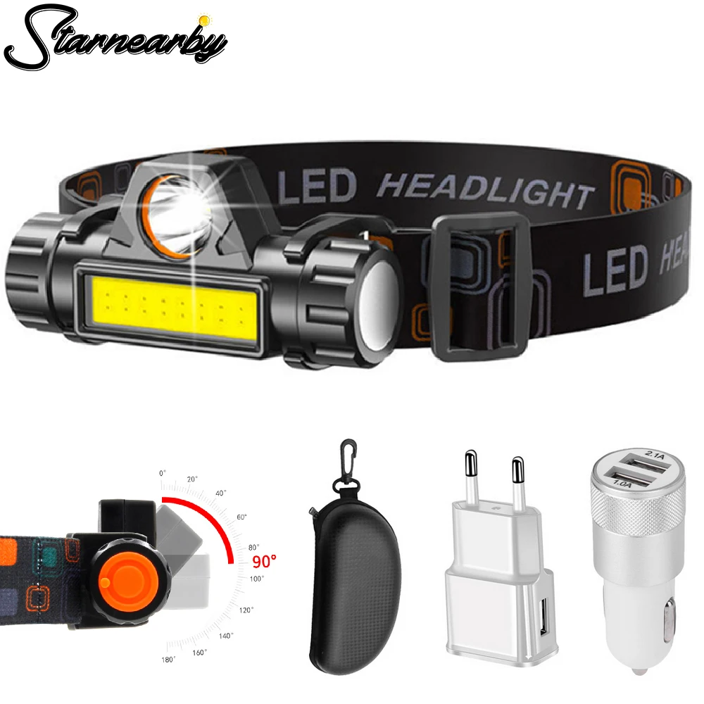 

XP-G Q5 Headlight Mini LED Headlamp XPE COB USB Rechargeable Headlight Torch Lamp Built in Battery Working Fishing Head Light