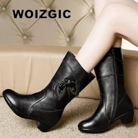 woizgic women ladies female mother genuine leather shoes boots mid calf winter plush fur warm zip plus size 42 43 bh 5222 6