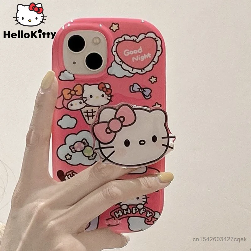 

Sanrio Hello Kitty Cute Iphone Case Pink Cover With Holder Apple 11 Silicone Protective Case Iphone 12 13 14 Pro Max Korean Case