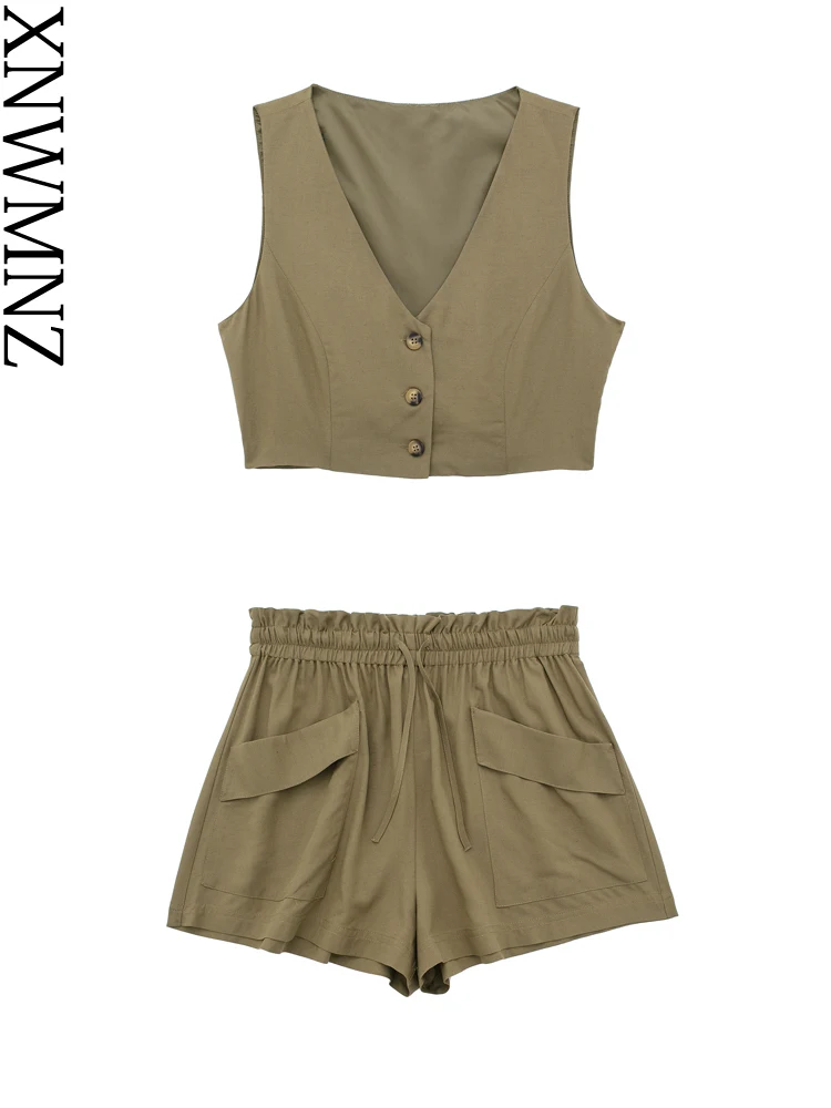 

XNWMNZ Women Fashion New Short V-neck Waistcoat or Bermuda Elastic High Waist Shorts Patch Pocket Casual Female Two Piece Set