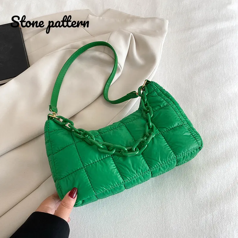 Soft Cotton Women's Shoulder Bag Solid Nylon Plaid Handbags and Purses Ladies Underarm Bags Fashion Chain Top Handle Bag