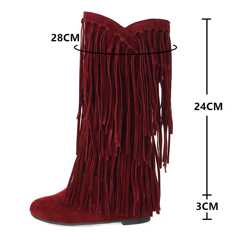 2023 Fashion Ethnic Woman Bohemian Flock Tassle Hidden Moccasin Mid-Calf Boots Fringe Female Slip On Shoes Autumn Winter New