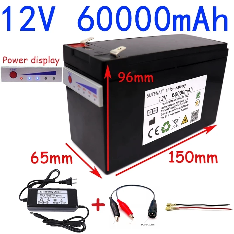 12V 60Ah 18650 li-ion battery pack 60000mAh 12.6V for Sprayer device backup power ups surveillance camera With 20A Balanced BMS