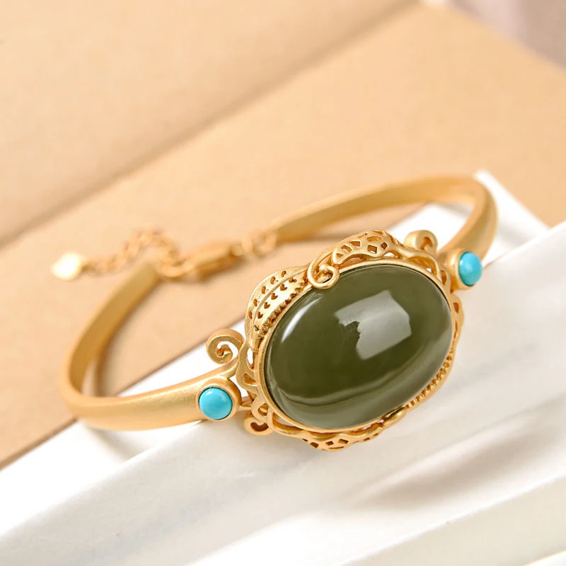 

Inspiration New Sterling Silver Inlaid Natural Hetian Chrysoprase Adjustable Bracelet Elegant Delicate Women's Jewelry