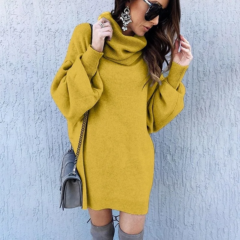 

Women oversized lazy oaf turtleneck sweater long sleeve sweater dress yellow gray solid pollover 2020