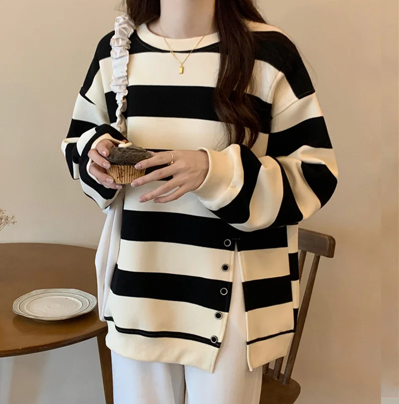 

harajuku stripe thin Sweatshirt korean sides split hoodies women Long Sleeve oversized hoodie black Streetwear black y2k Top ins