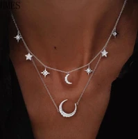 retro necklace pendant woman fashion simple zircon silver pentagram moon multi layer necklace bohemian jewelry gift wholesale