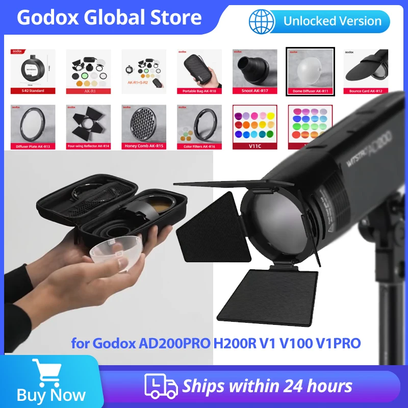 Фото Комплекты Godox AK-R1 S-R2: воротники-отражатели, сноут, цветные фильтры, рефлекторы, соты, диффузоры для вспышек Godox AD200 H200R V1 №1