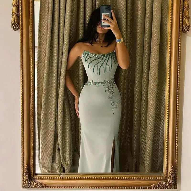 

Dubai Satin Crystal Party Dress Beaded Beading Rhinestone Mermaid Prom Gown Sheath Split Formal Women Sleeveless Evening Dresses