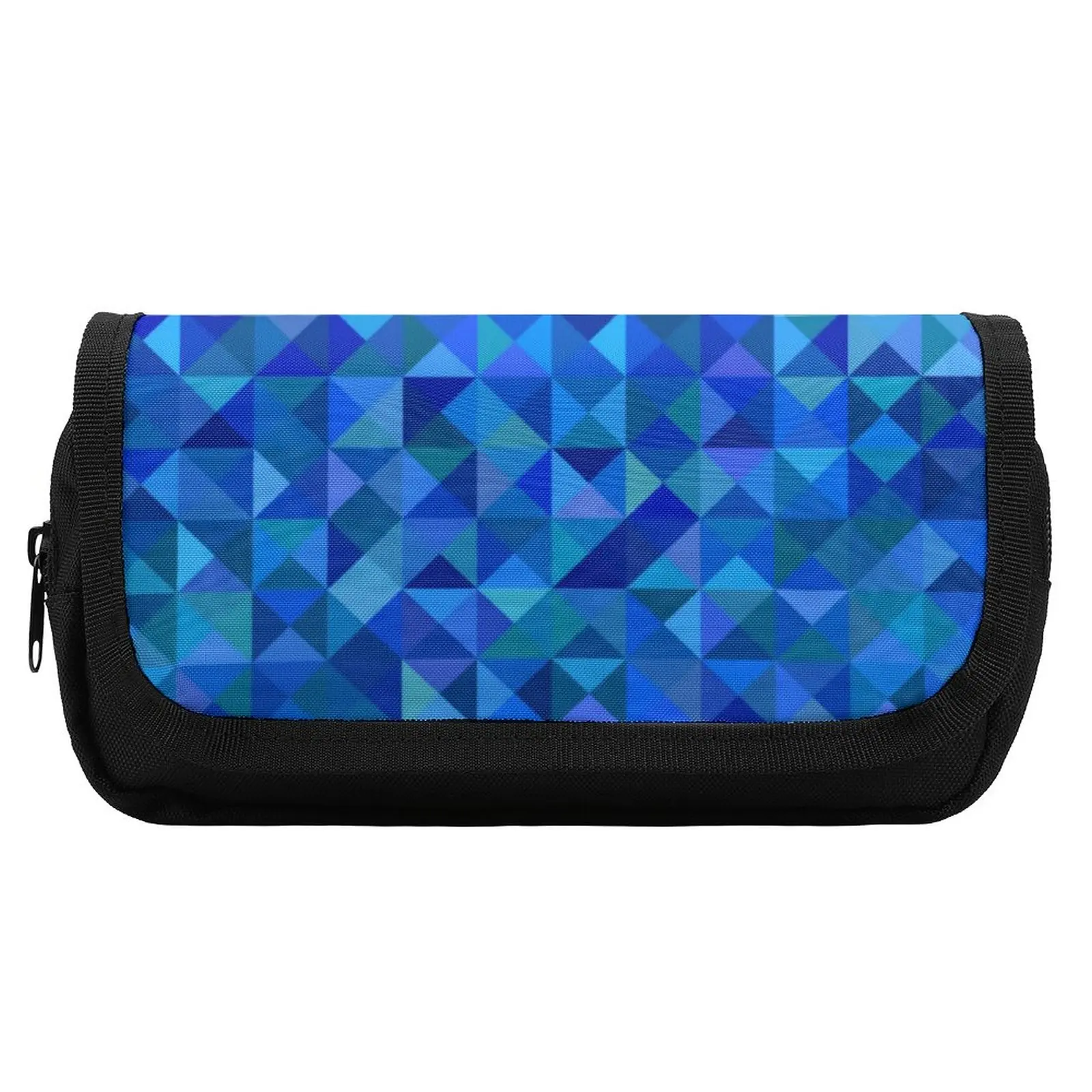 Blue Geo Print Pencil Case Abstract Triangle Large Capacity Double Pockets Pencil Box For Teens Vintage Pen Organizer