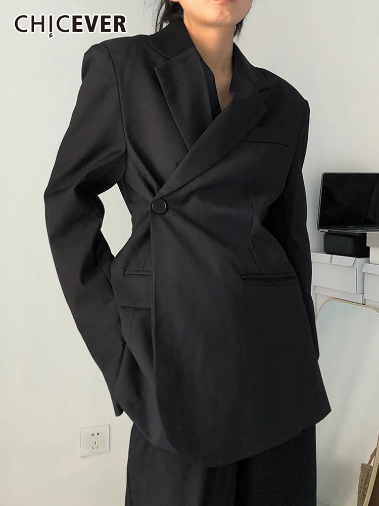 

CHICEVER High Street Blazer For Women Notched Collar Long Sleeve Patchwork Single Button Solid Coats Female Clothing 2022 Style