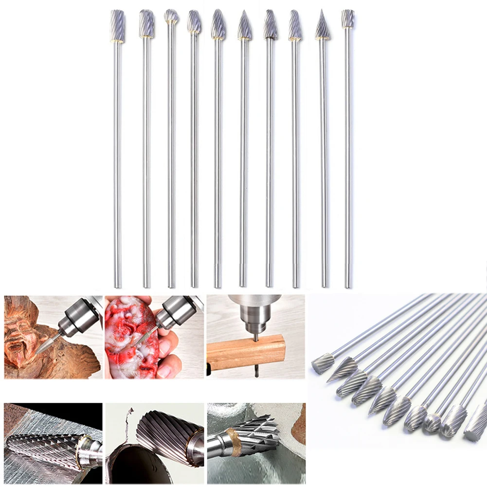 

10Pc Long Single Cut Tungsten Solid Carbide Rotary Files Burrs Set For Grinder Aluminum Alloy Iron Marble Metal Derusting