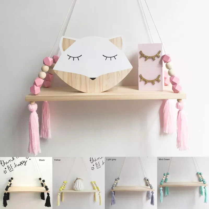 

1 Pcs Wall Hanging Decor Swing Shelf Decorative Shelves Room Storage Organization personality Kids Room Wooden Beads Tassel