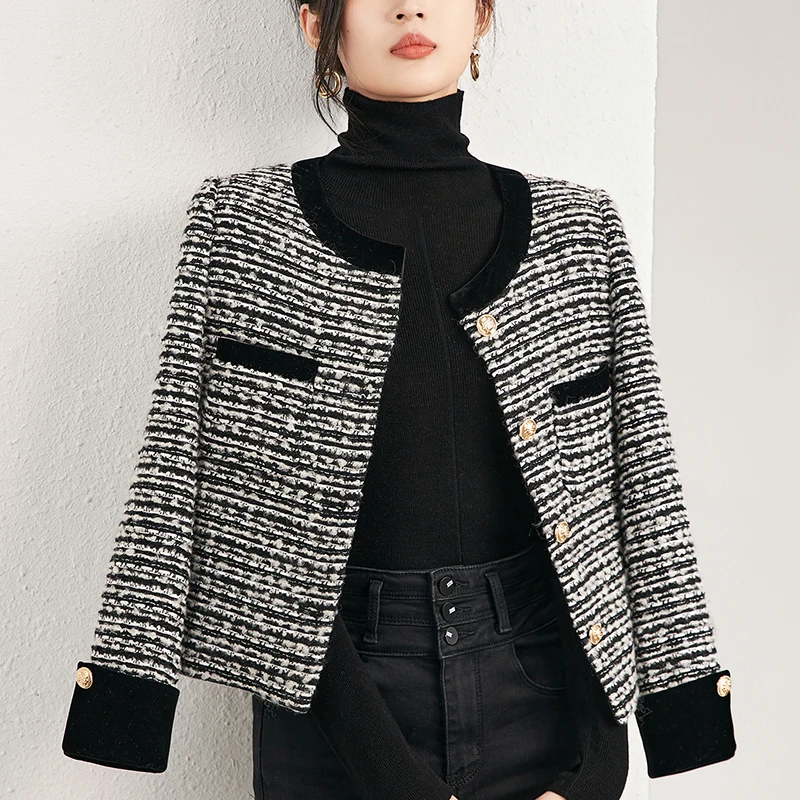 

Куртка женская твидовая с длинным рукавом, элегантный Бархатный жакет в стиле пэчворк, офисный облегающий костюм в полоску, 30% шерсть