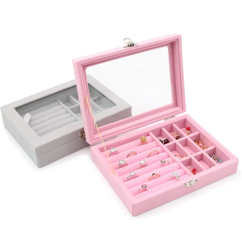 Glass Cover Jewelry Organizer Display Jewelry Case Boxes Portable Locket Necklace Jewelry Box Lint Storage Earring Ring Holder