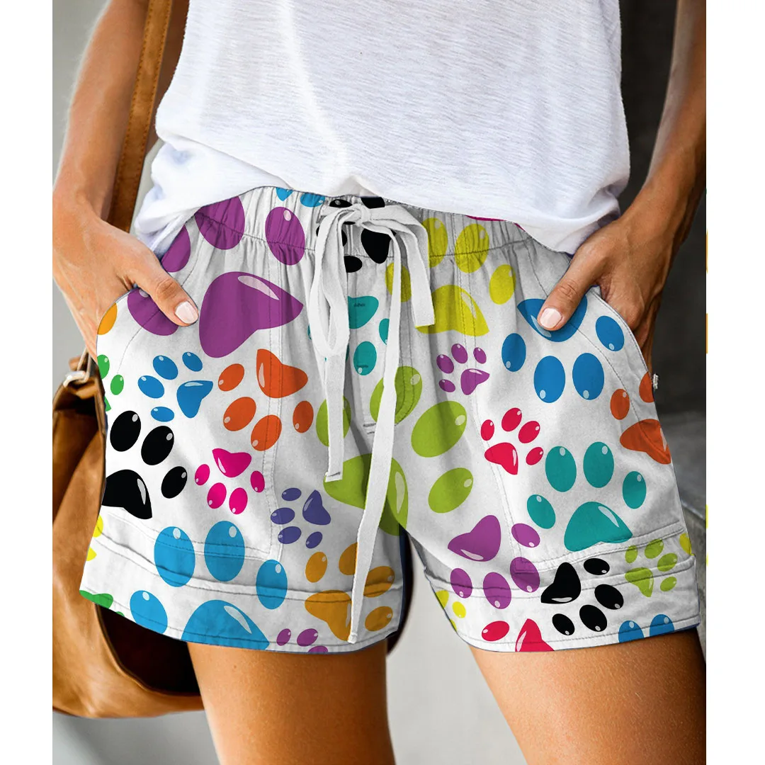 Summer Women Cute Animal Dog Paw Print Wide Leg Shorts Loose Drawstring Sport Casual Pocket High Waist Pants For Lady Clothes