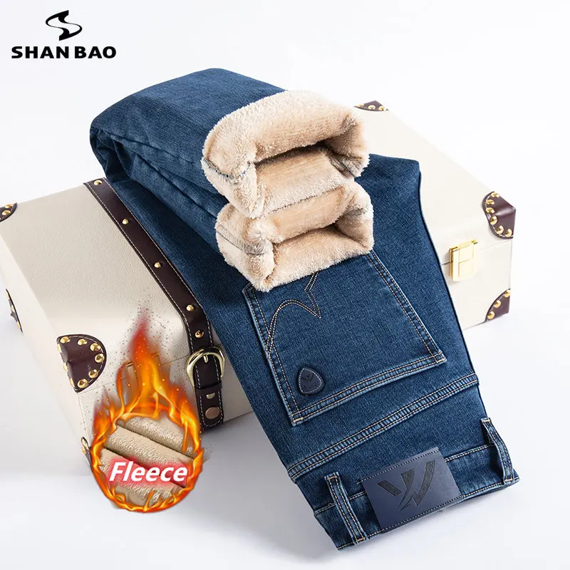 

Качественные Зимние флисовые плотные теплые облегающие прямые мужские джинсы, классические винтажные джинсы-стрейч из хлопка, Молодежные темно-синие джинсовые брюки