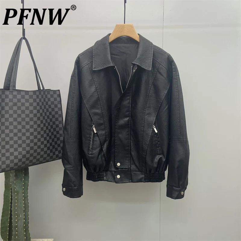 

PFNW Men's Tide Autumn Winter New Fake Two-piece Layered Design Leather Jackets Plush Multi Zipper Metal Functional Top 12Z4758