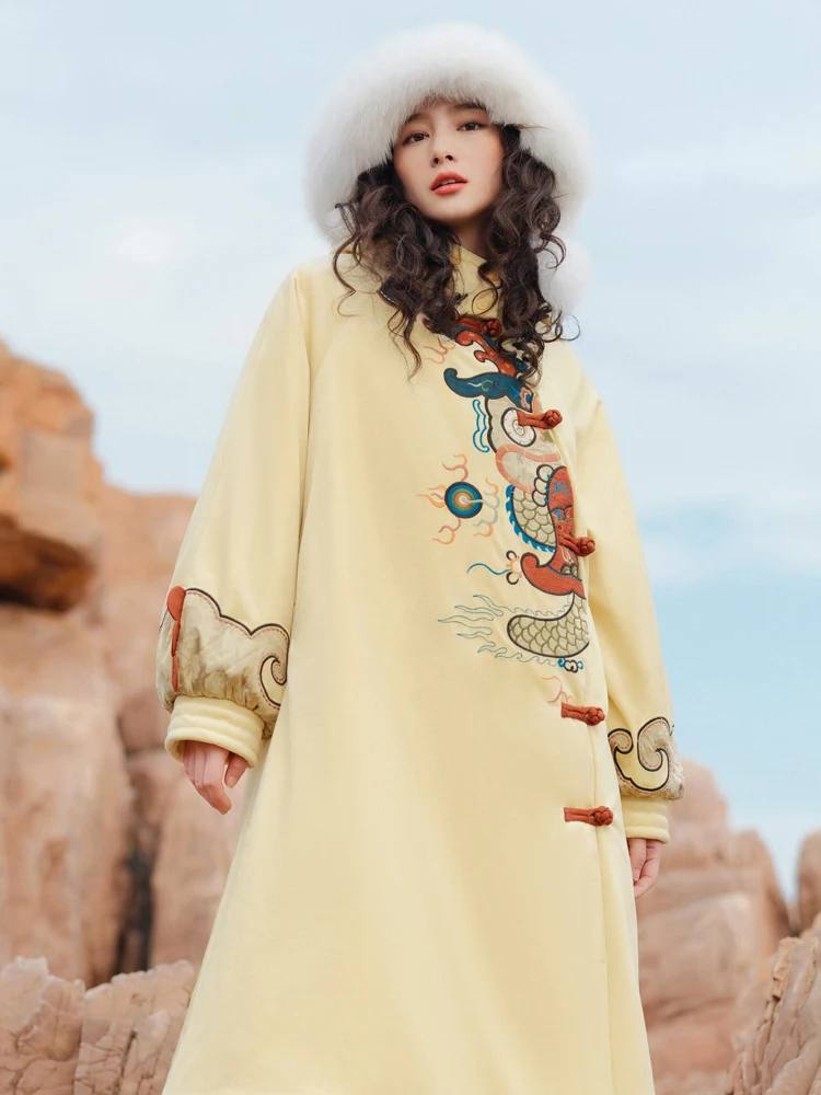 Winter Loose Velvet Hooded Coat 2022 New Chinese Style Embroidery Cotton-Padded Coat for Women