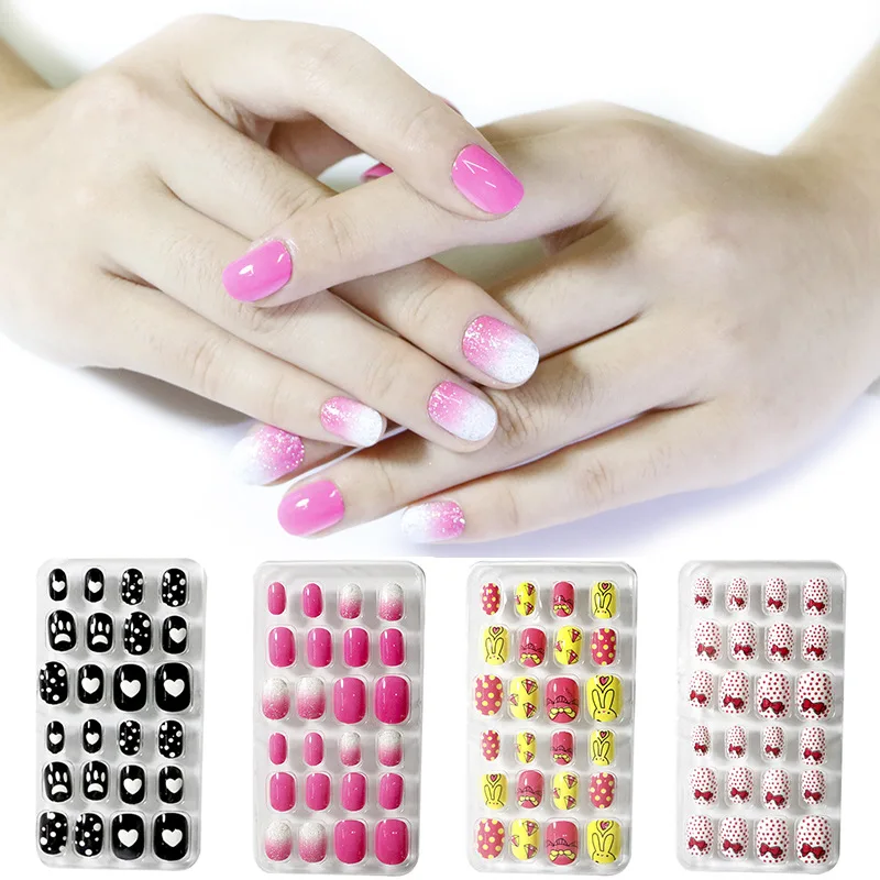 24PCS/Set Kids Fake Nails Art Decor Children Detachable Candy Wearable Full Cover Self Adhesive Press On Nail Tip Manicure Tools