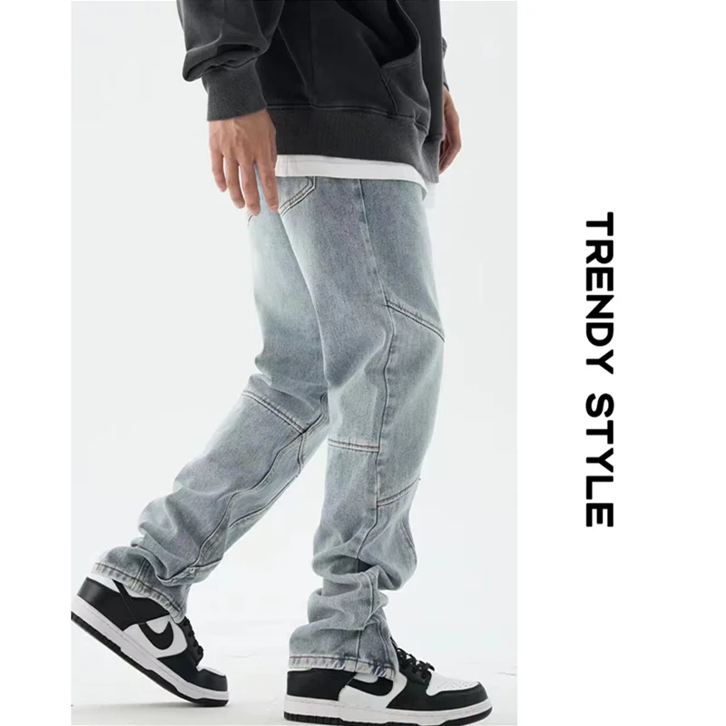 Streetwear Men American Style High Street Pants Leg Zipper Deconstructed Splicing Jeans New Versatile Casual Pants Autumn Female