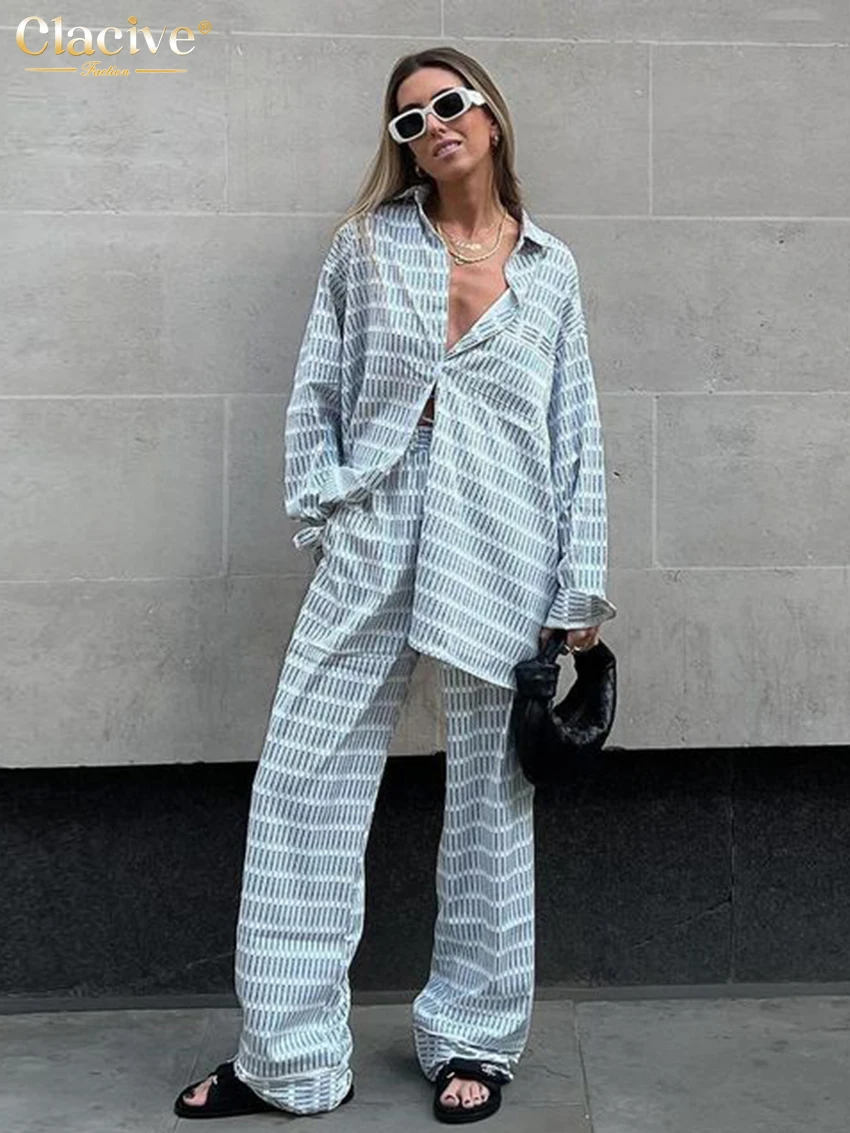 

Модный свободный комплект Clacive из 2 предметов с принтом, женская одежда 2024, Элегантная блузка с длинным рукавом и широкие брюки с высокой талией для женщин