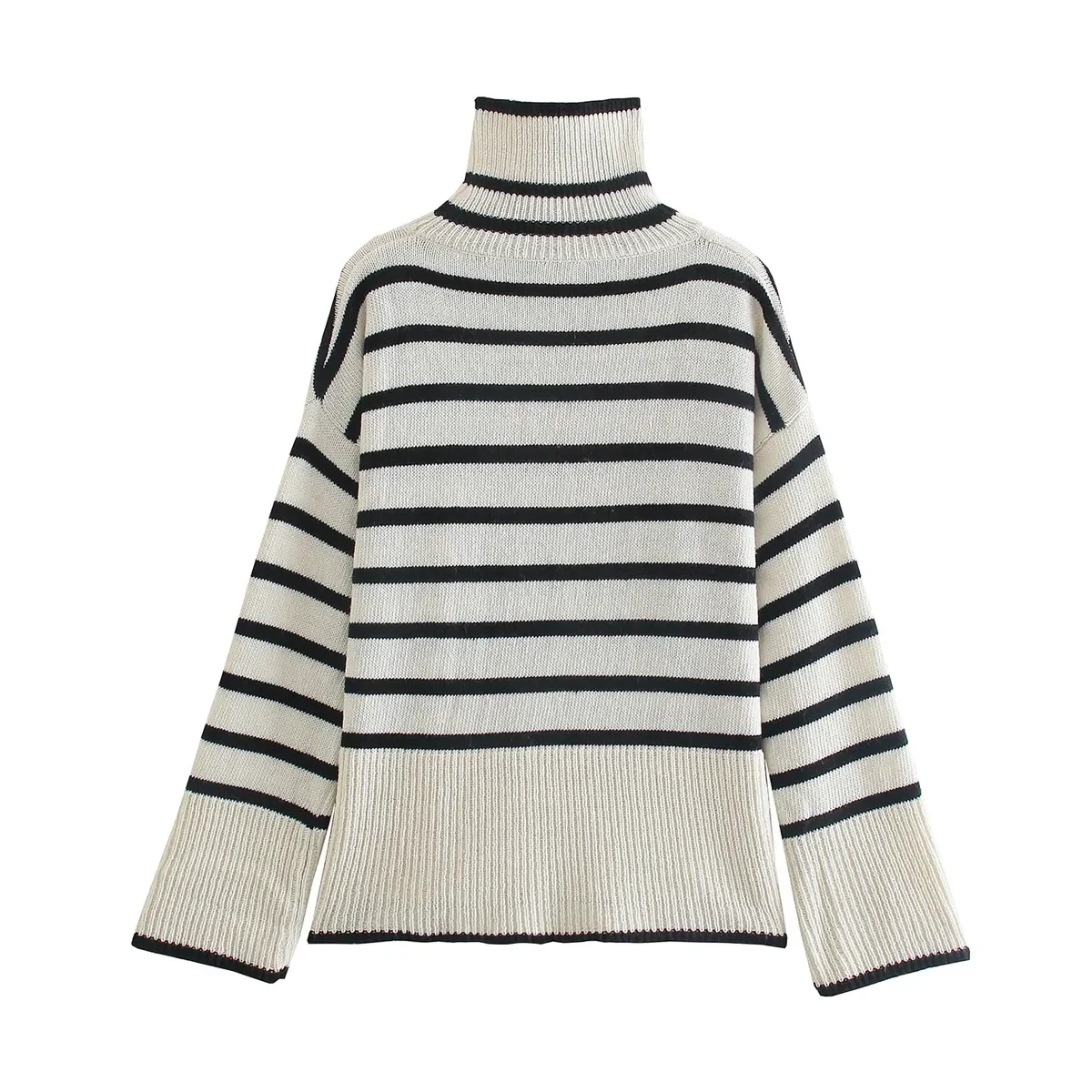 

NEW 2023 Women Fashion Chic Striped Knit Sweater Top Long Sleeves High Neck Casual Woman Knitted Sweaters Pullover