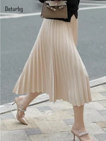 womens elegant twill midi skirt with chiffon liner female high waist side zipper pleated a line skirts faldas 2022 spring k56