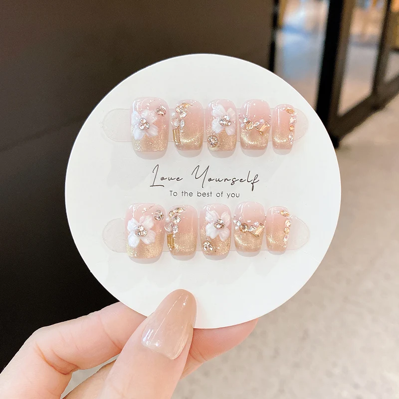 10 шт. милые накладные ногти ручной работы с цветком глянцевые алмазные полное