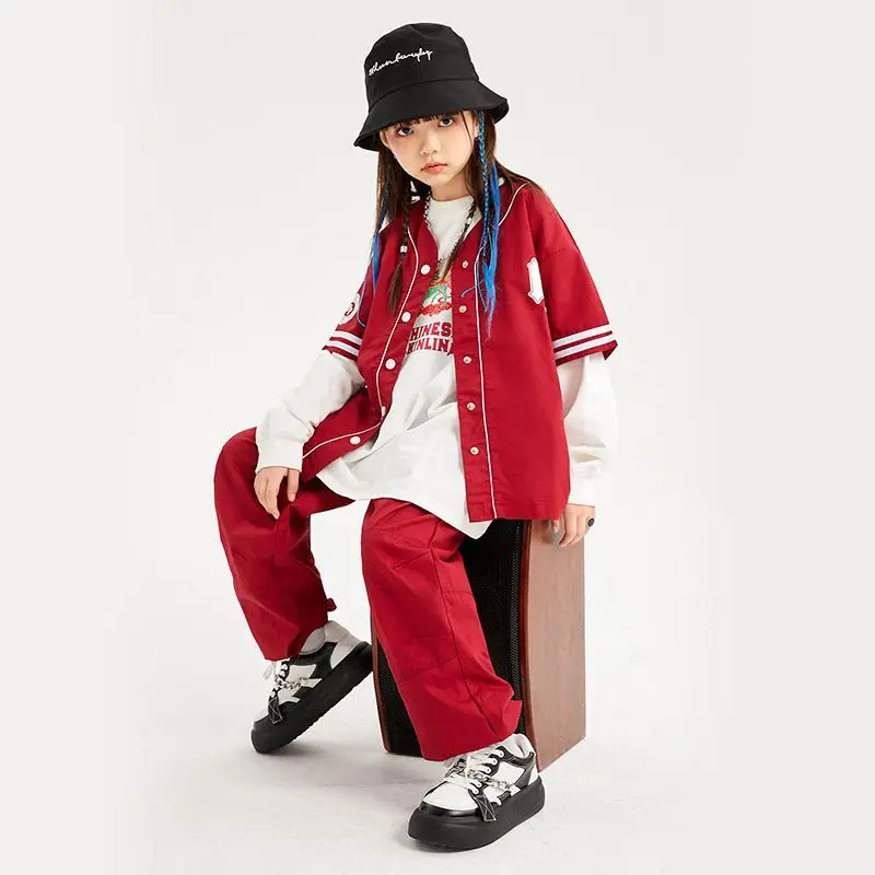Детская уличная одежда для подростков в стиле хип-хоп красная рубашка топы