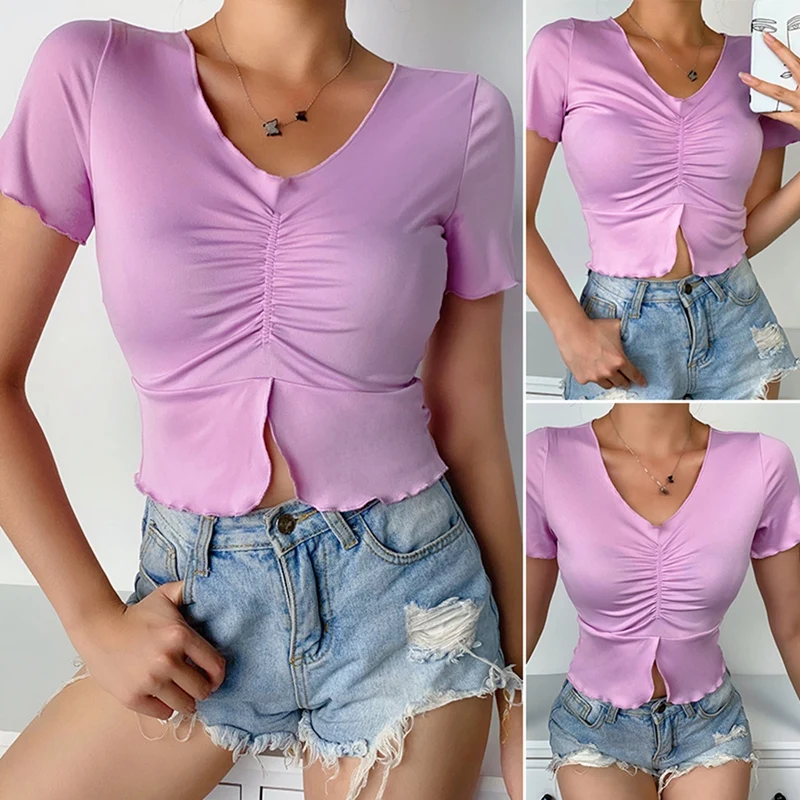 

Women's Fashion Slim Short Sleeve T-Shirt Pleated Chest T-Shirt Tops Purple