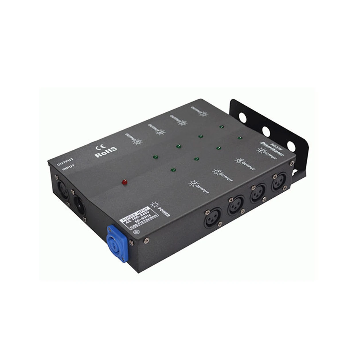 

DMX512/1990 Signal Distributor 8 Way Separate DMX Hanging Splitter Booster Data 1 Input 4 Output Side Installed Powercon In