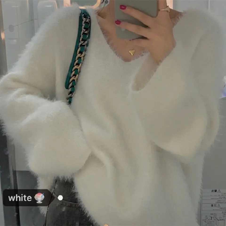 

2023 New Korean Furry V-neck Sweater Women's Pullover Autumn and Winter Versatile Long Sleeve Slim Sweaters Women Jumper