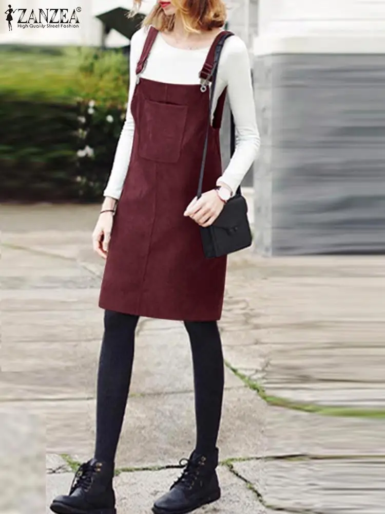 

Осеннее однотонное модное вельветовое платье ZANZEA, женское платье без рукавов с квадратным вырезом, женское винтажное элегантное платье на ...