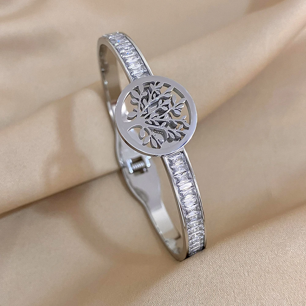 Браслет-манжета из нержавеющей стали с цирконом инкрустированный деревом жизни