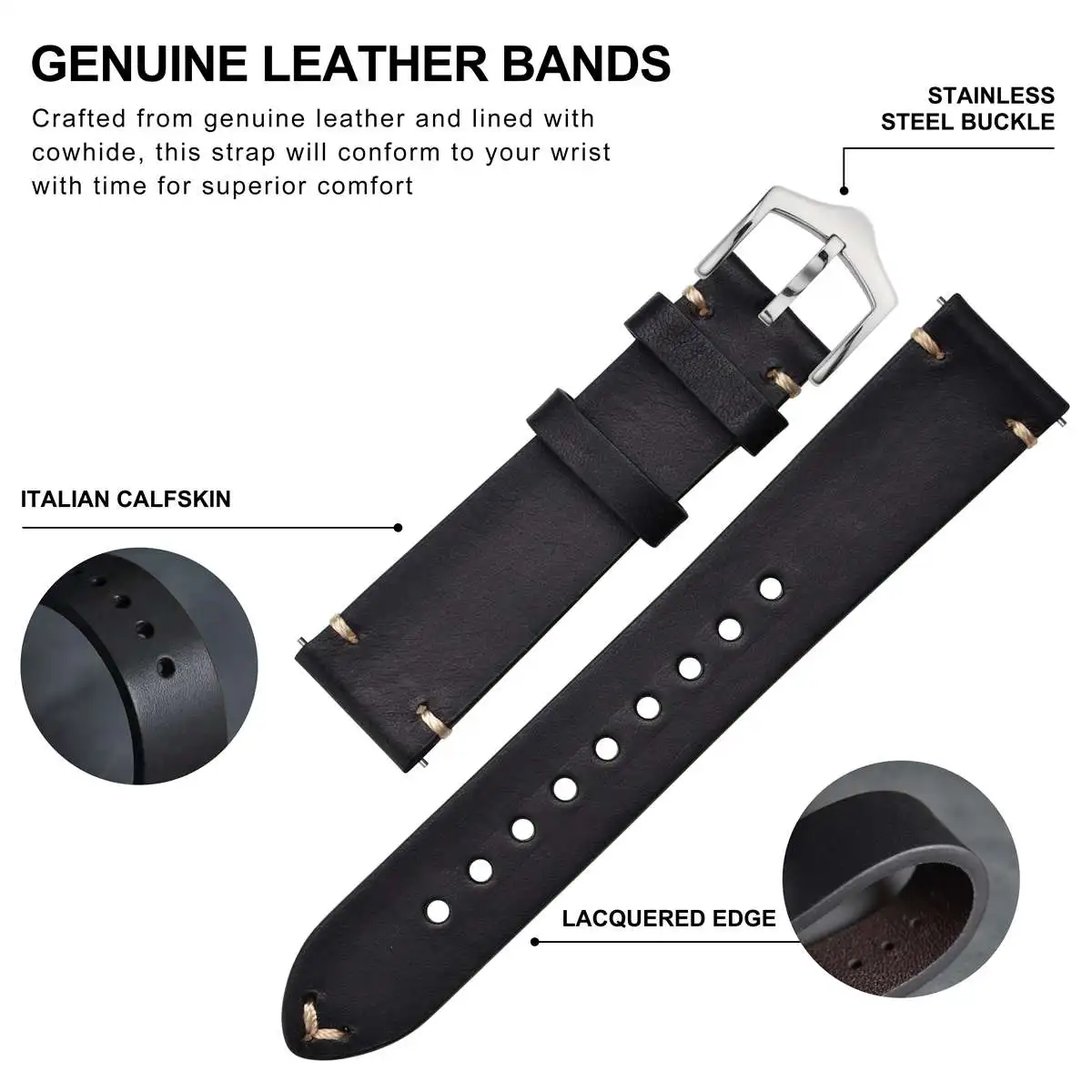 BISONSTRAP Crazy Horse Leather Genuine Cowhide Watch Band 18mm 20mm 22mm Bracelet for Men Watchband Black Green Brown Tan