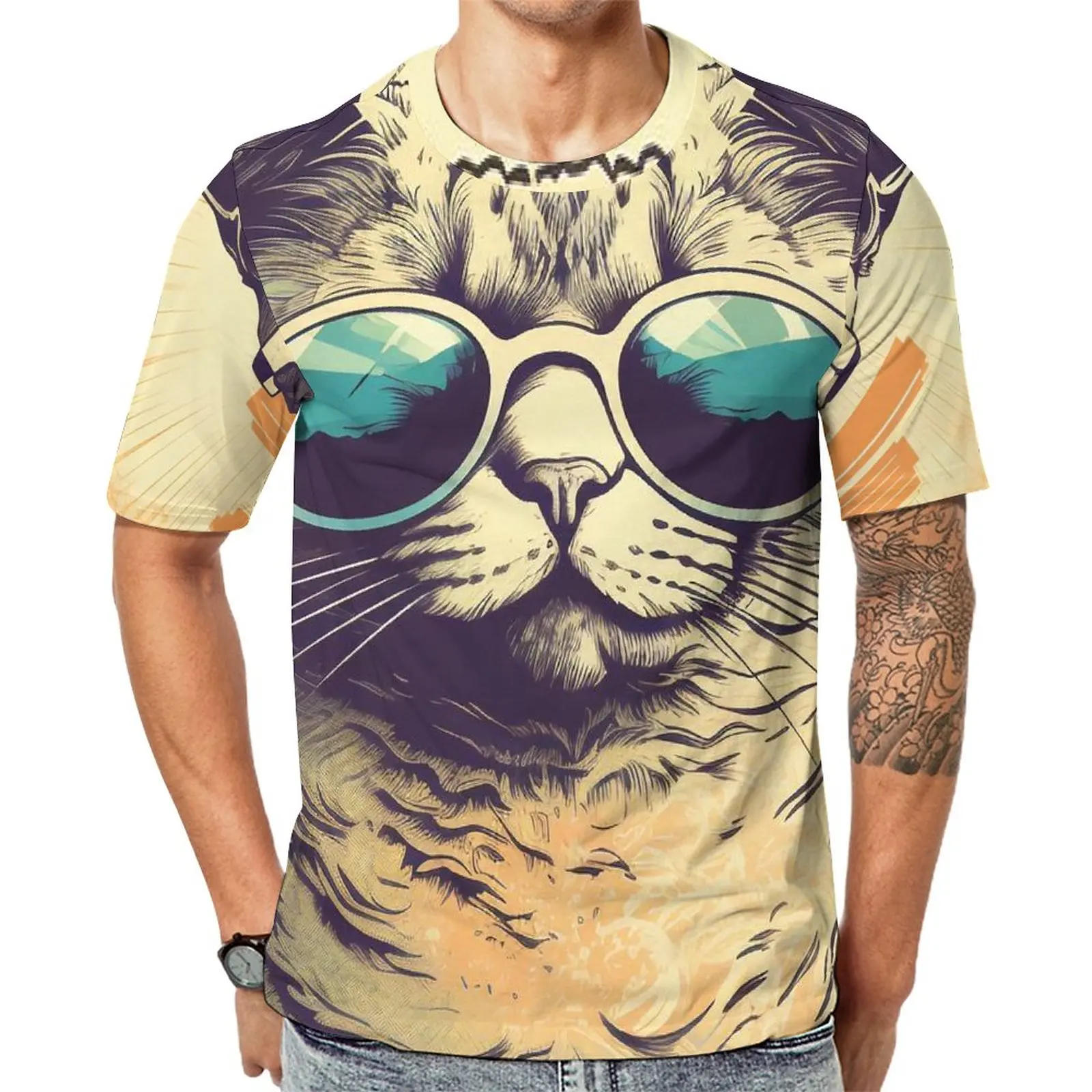 

Cat T Shirt Retro Sunset Animals With Sunglasses Vintage T-Shirts Mens Funny Tee Shirt Short-Sleeve Graphic Top Tees 4XL 5XL 6XL