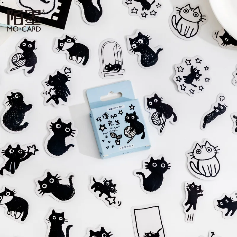 

45pcs Boxed Stickers Kawaii Little Black Cat Decorative Scrapbooking Label Diary Stationery Album Phone Journal Planner cute art