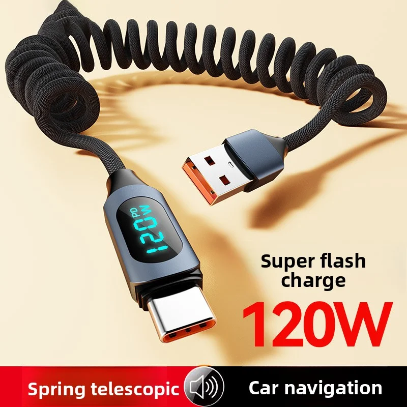 Фото 6A Пружинный USB-кабель для быстрой зарядки типа C, шнур для быстрой зарядки 120 Вт, цифровой дисплей, нейлоновая оплетка USB C для iPhone 17, провод Android №2