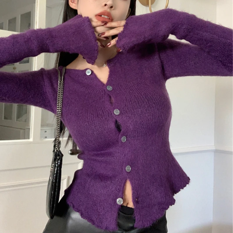 

OL Purple Single-breasted Cardigan Woman Korean Fashion Button Plush V Neck Long Sleeve Sweater Knitwear Top Female Dropshipping